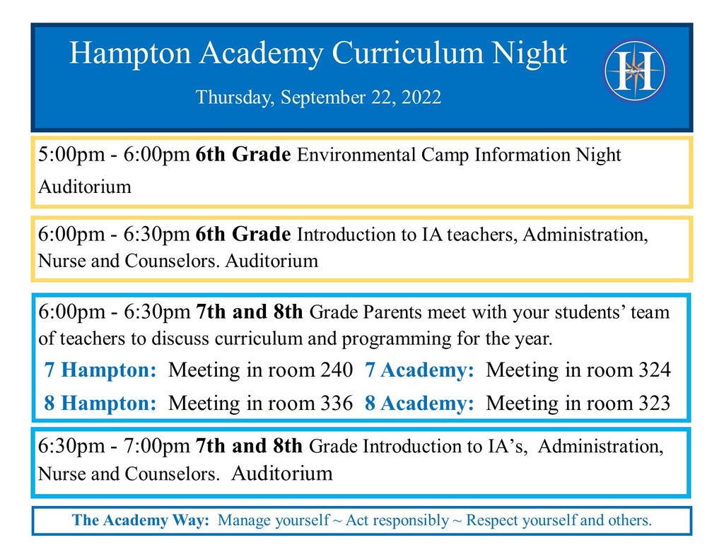 Hampton Academy Curriculum Night Schedule 